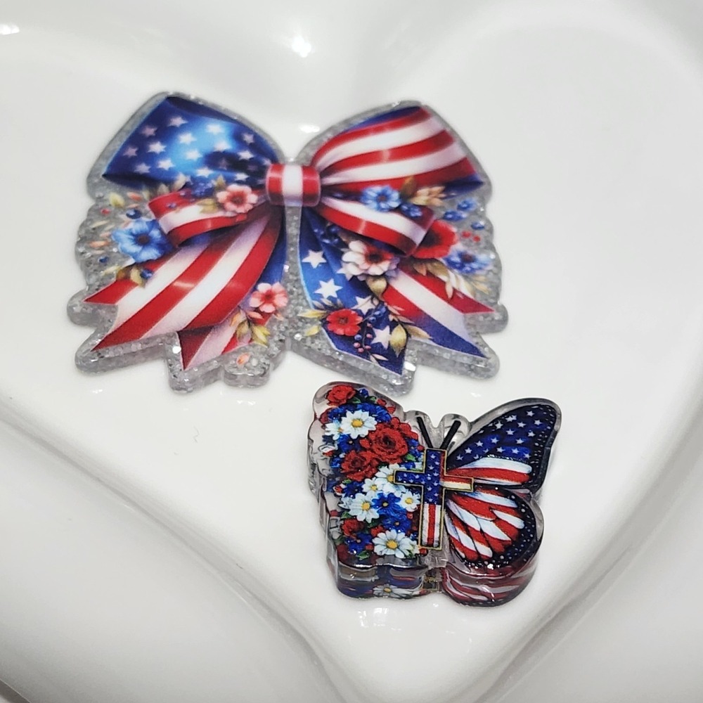 USA Patriotic Bow Flatback Focal Bead Butterfly Badge Beaded Pen Jewelry Making